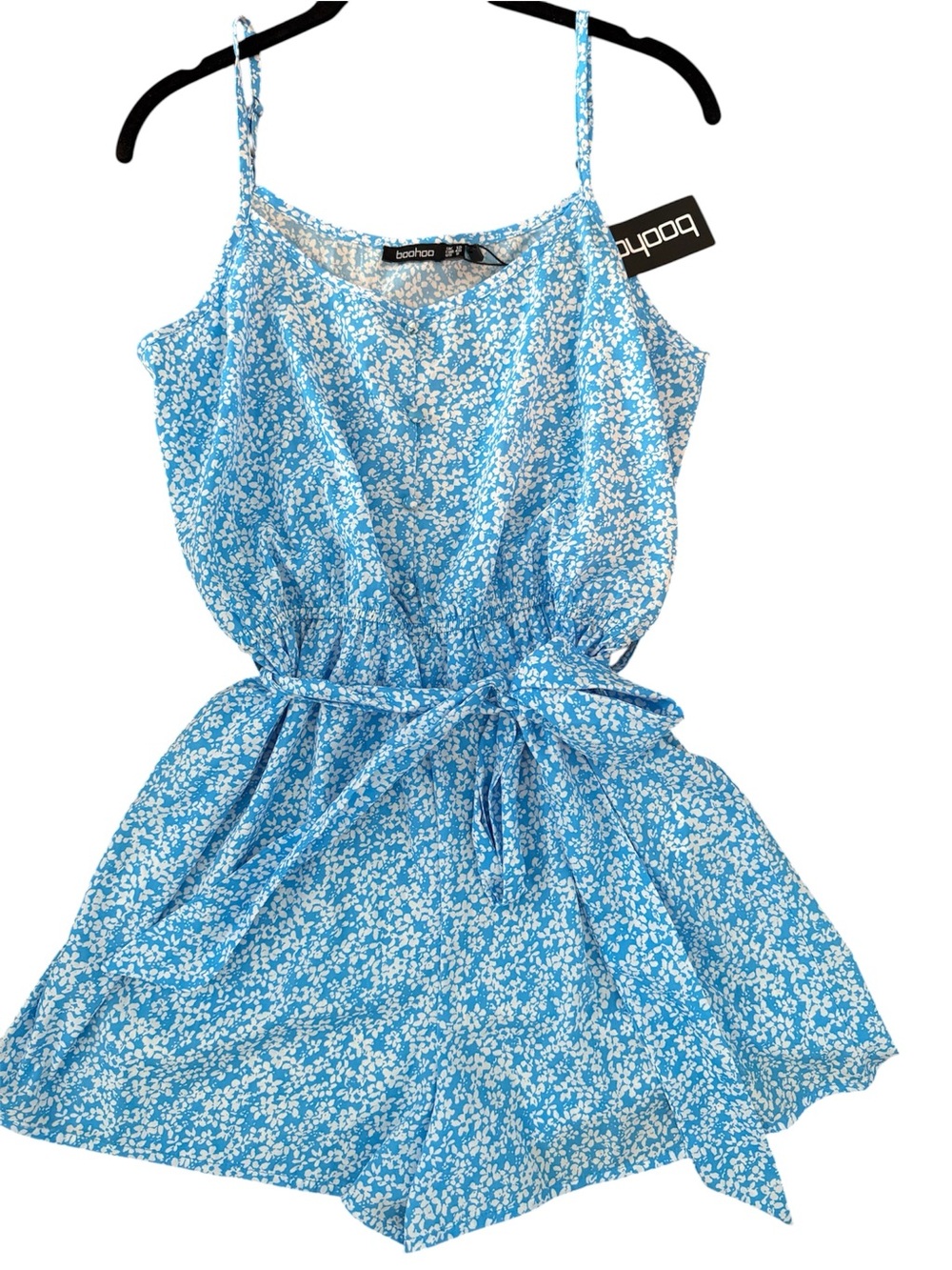Boohoo Light Blue Floral Tie-Waist Romper